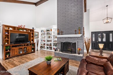 Great room with towering fireplace
