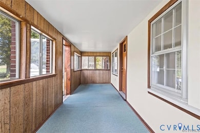 Unfurnished sunroom featuring wood walls, healthy amount of natural light, and carpet floors