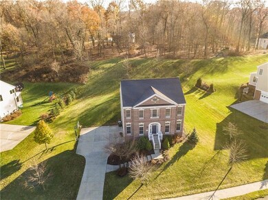 Ariel view of the house and wooded backyard.