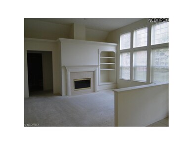 Large living room with gas fireplace and shelving 