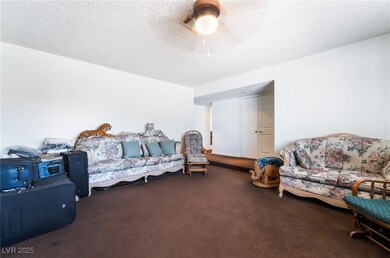 Carpeted bedroom with a ceiling fan and a textured