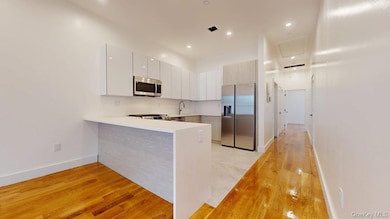 Kitchen with light wood finished floors, stainless steel appliances, a peninsula, modern cabinets, and recessed lighting