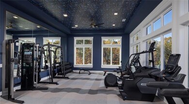 Exercise room with ceiling fan, a raised ceiling, and carpet flooring