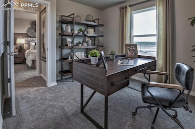 Carpeted office space with baseboards