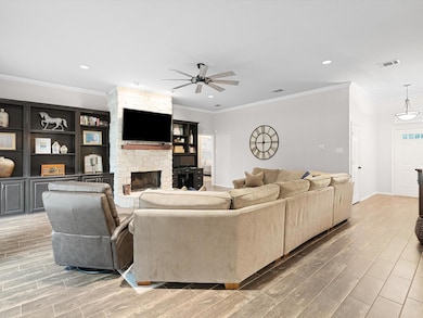 Living room featuring crown molding, a wealth of n