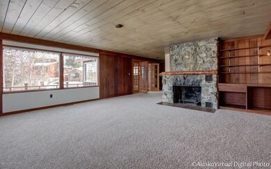 Stone fireplace in living room