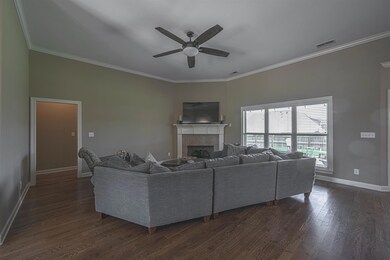 Living room with ceiling fan, dark hardwood / wood