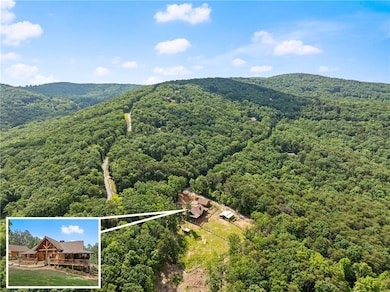 View from above of property featuring a heavily wooded area, property boundaries highlighted, and mountains