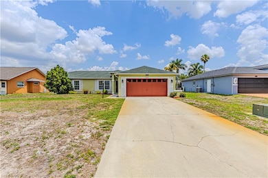 Ranch-style house featuring an attached garage, concrete driveway, stucco siding, cooling unit, and a front yard