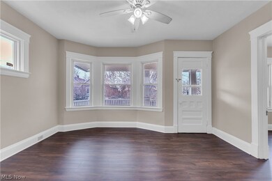 Foyer entrance featuring ceiling fan, dark wood-type flooring, and a wealth of natural light