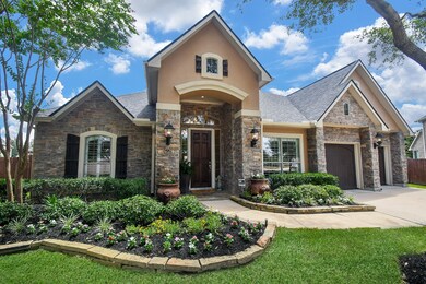 Mature trees and lush landscaping.