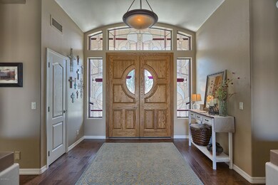 Entrance with stained glass accents