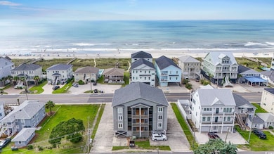 Aerial perspective of suburban area with extended coastline