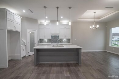Kitchen with an island with sink, decorative light fixtures, sink, and dark wood-type flooring