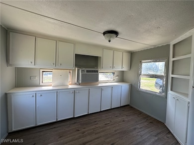 Kitchen with a textured ceiling, dark wood-style f