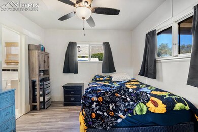 Bedroom with light hardwood / wood-style flooring and ceiling fan