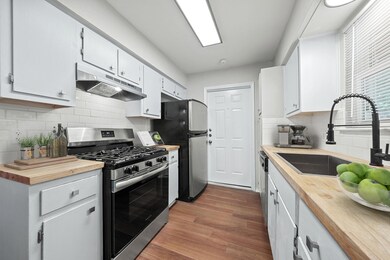 Kitchen with appliances with stainless steel finishes, dark wood-type flooring, under cabinet range hood, and wood counters