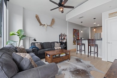 Living room with light wood-type flooring, visibl