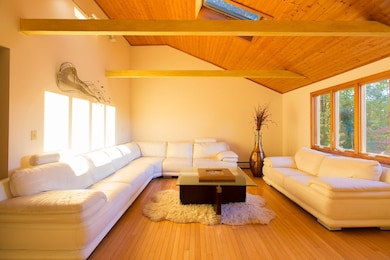 Gorgeous living room with warm wood tones and a be