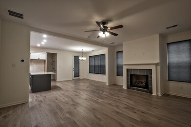 View of Fireplace off Kitchen