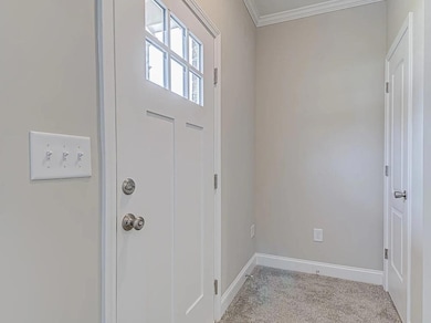 Entrance foyer with light colored carpet and crown