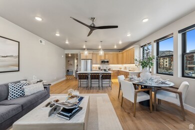 Living room featuring ceiling fan and light wood-type flooring