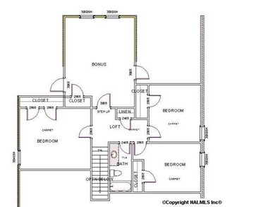 The plan has 3 bedrooms and a bonus or sixth bedroom upstairs.
