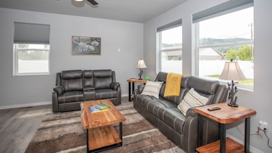 Living area with wood finished floors and a ceiling fan