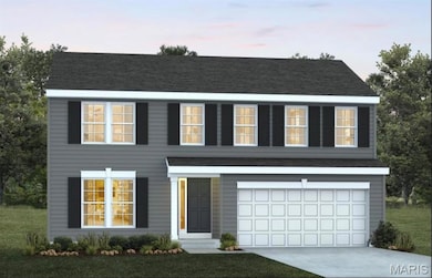 View of front of property featuring concrete driveway, a garage, a front yard, and a shingled roof