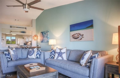 Living area with ceiling fan, wood finished floors
