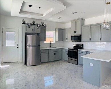 Kitchen featuring stainless steel appliances, gray cabinetry, a sink, a peninsula, and backsplash