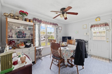 Dining room with ceiling fan and crown molding