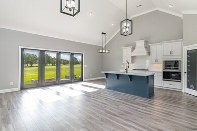 Gas, stainless steel appliances, island with seating for 4, and a walk-in pantry with wood shelving. The aesthetic is crisp and clean.