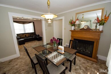 Dining room with fireplace.