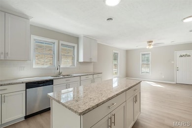 Kitchen featuring decorative backsplash, stainless steel dishwasher, a kitchen island, a sink, and light wood-style flooring