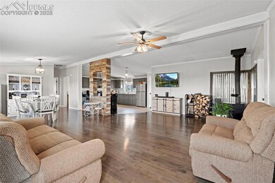 Living room featuring a wood stove, a ceiling fan, dark wood finished floors, crown molding, and a textured ceiling