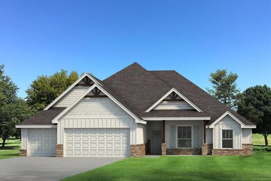 Craftsman-style house with board and batten siding, a front lawn, an attached garage, driveway, and brick siding