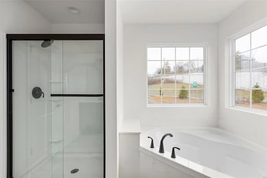 Bathroom featuring shower with separate bathtub and a healthy amount of sunlight