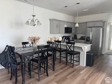 Dining room with light wood finished floors, a chandelier, and a textured ceiling