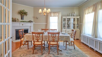 Dining room with fireplace.
