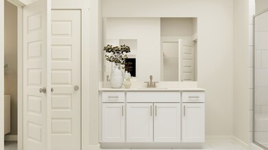 Luxurious primary bedroom and bath with separate vanities, oversized tile shower, and large walk-in closet. These are artist's renderings of staged rooms, not actual home listed, but our home will be completed soon.