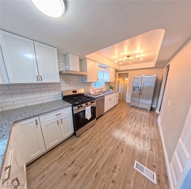 Kitchen featuring decorative backsplash, appliances with stainless steel finishes, white cabinets, light wood-type flooring, and wall chimney exhaust hood