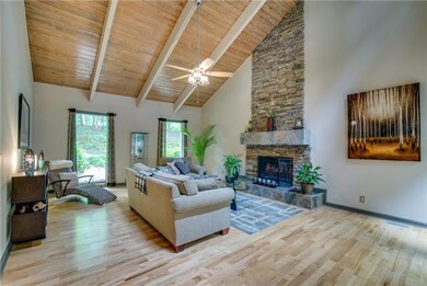 Stacked stone fireplace, vaulted ceilings
