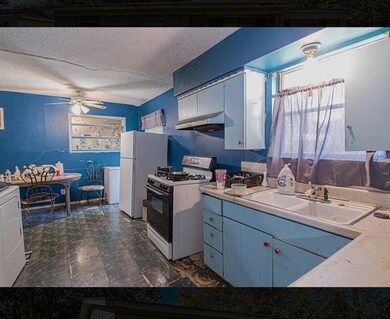 Kitchen with ceiling fan, white appliances, dark t
