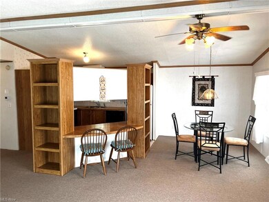 Carpeted dining room featuring ceiling fan, orname