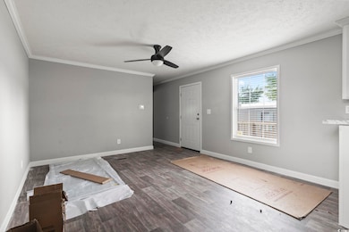 Spare room with crown molding, ceiling fan, a text