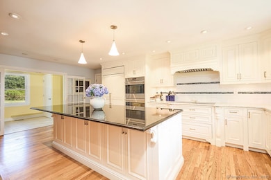 High end kitchen with gorgeous Island and high end appliances has french doors to breakfast nook that overlooks yard