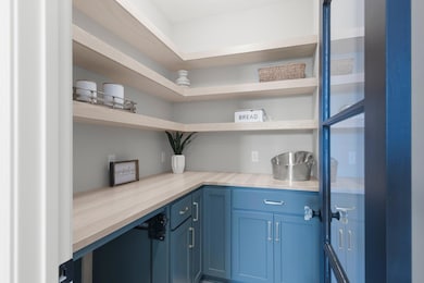 Custom pantry complete with a convenient pass-thru grocery door.