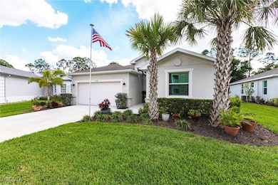 Single story home featuring a garage, stucco siding, a front lawn, and concrete driveway