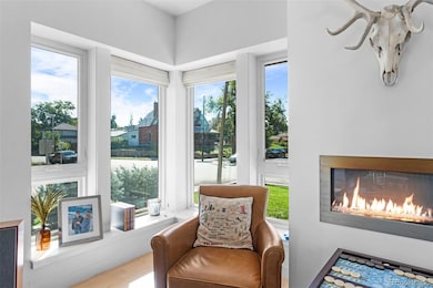 Corner window with bench overhangs.